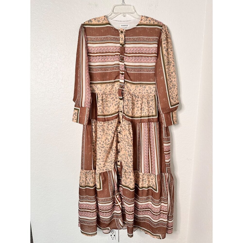 Harper Women's Boho Patchwork Maxi Dress 1/2 Button Front 3/4 Bomber Sleeve Sz L